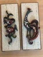 Twee vintage retro schilderijen keramiek Haan en vissen Haan, Ophalen of Verzenden, Zo goed als nieuw