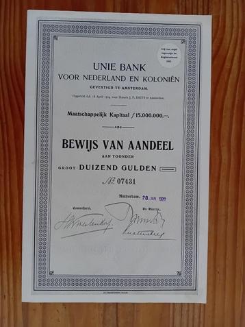 Aandeel Unie Bank voor Nederland en Kolonién - 1920 beschikbaar voor biedingen