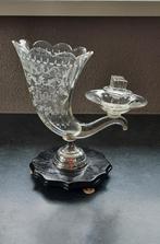 Antieke Sigarenhouder Hoorn Gegraveerdglas zilveren&houtvoet, Overige typen, Gebruikt, Ophalen