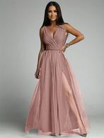 Lange jurk met glitter, v-hals en hoge split | Nieuw, Kleding | Dames, Jurken, Nieuw, Ophalen of Verzenden, Roze, Maat 36 (S)