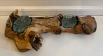 Langwerpige houten basis met 2 glazen waxinelichthouders, Antiek en Kunst, Ophalen of Verzenden