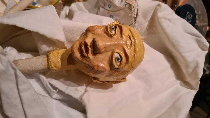 Vintage griezelige pop hoofd, Antiek en Kunst, Kunst | Beelden en Houtsnijwerken, Ophalen of Verzenden