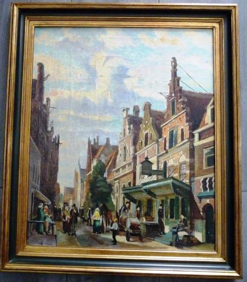 Oud - Enkhuizen - Westerstraat - gesigneerd - doek - gelijst, Antiek en Kunst, Kunst | Schilderijen | Klassiek, Ophalen of Verzenden