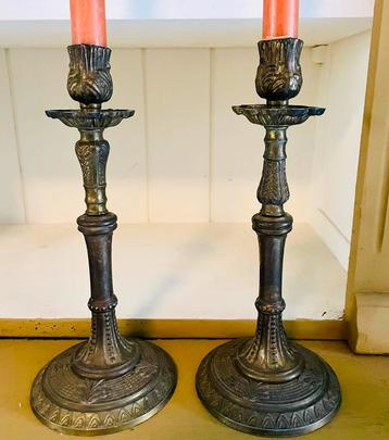 2 mooie Franse vintage messing kandelaars, brons/ messing beschikbaar voor biedingen