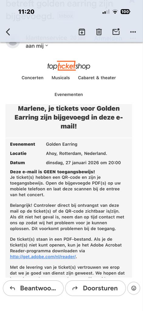 2 kaarten golden earing vanavond in Ahoy., Tickets en Kaartjes, Twee personen, November