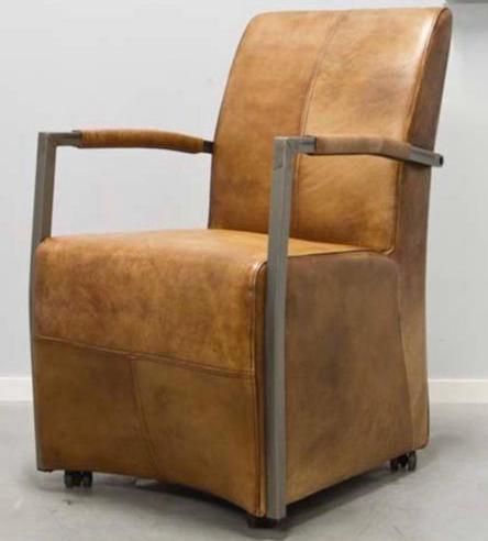 4 leren eetkamerstoelen op wieltjes (camel kleur), Huis en Inrichting, Stoelen, Gebruikt, Vier, Leer, Bruin, Ophalen of Verzenden