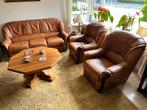 3-zits bank, 2 fauteuils + eiken salontafel, Ophalen, Gebruikt, Leer