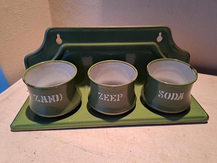 Emaille resedagroene Zand Zeep Soda rekje BK letters, Antiek en Kunst, Antiek | Emaille, Ophalen