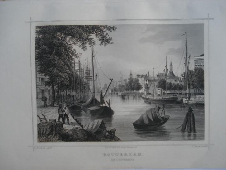 063 Rotterdam de Leuvenhaven Staalgravure 1860, Antiek en Kunst, Kunst | Etsen en Gravures, Ophalen of Verzenden