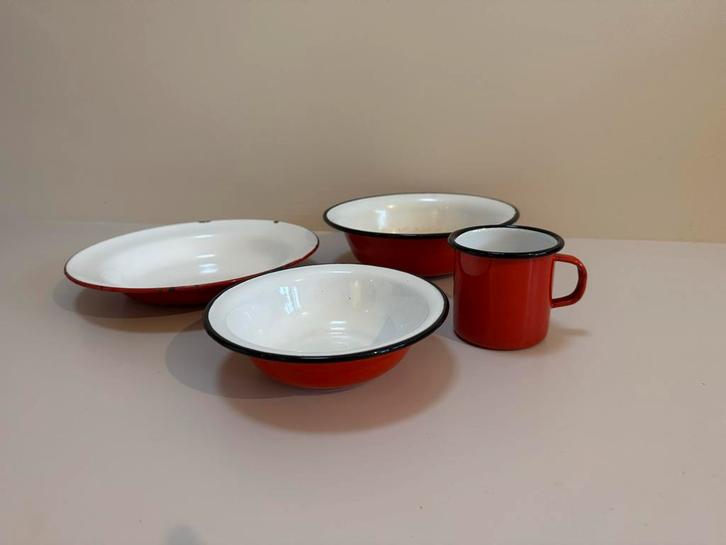 Vintage / Retro emaille Set Rood/Wit/Zwart - 4-delig, Antiek en Kunst, Antiek | Emaille, Ophalen of Verzenden