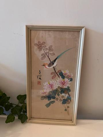 Japans werkje met vogel en bloemen vintage lijst beschikbaar voor biedingen