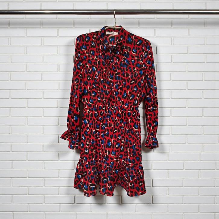 IVIVI Jurk Maat S Rood Panterprint Ruches Mini Strik, Kleding | Dames, Jurken, Zo goed als nieuw, Maat 36 (S), Rood, Boven de knie
