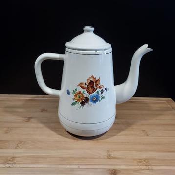 Emaille koffiepot theepot wit met bloemen beschikbaar voor biedingen