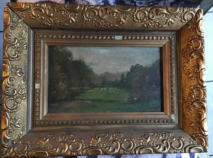 Paneeltje/schilderij in antieke lijst ‘Koeien in landschap’, Antiek en Kunst, Kunst | Schilderijen | Klassiek, Ophalen of Verzenden