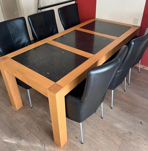 Eethoek: blank eiken met Belgisch hardstenen inleg, Huis en Inrichting, Complete eetkamers, Gebruikt, 4 tot 6 stoelen, Ophalen