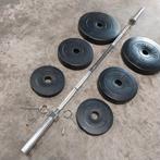 Olympische Gewichten + Olympische barbell 180cm, Ophalen, Zo goed als nieuw