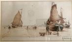 Ets schepen aan strand Roger Hebbelinck (1912-1987), Antiek en Kunst, Ophalen of Verzenden