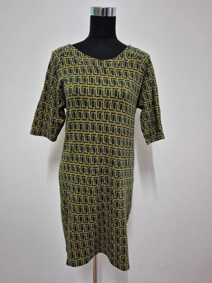 J313 - Groen met blauwe Froy & Dind jurk maat M (1), Kleding | Dames, Jurken, Zo goed als nieuw, Maat 38/40 (M), Groen, Onder de knie