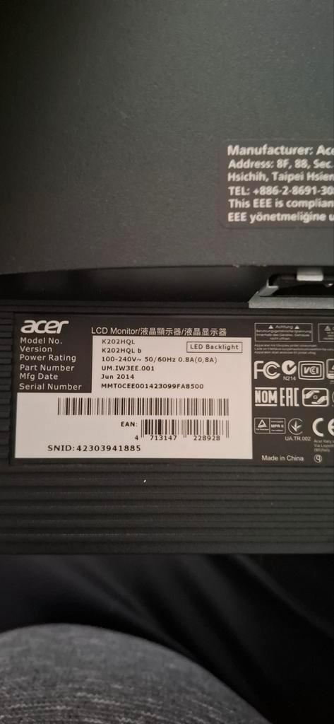 Acer K202HQL LCD-monitor met LED-achtergrondverlichting, Computers en Software, Laptop-opladers, Zo goed als nieuw, Ophalen