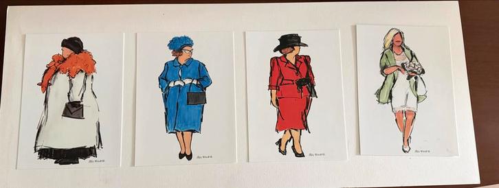 Set van 4 illustraties van vrouwenfiguren koninginnen, Antiek en Kunst, Kunst | Tekeningen en Foto's, Ophalen of Verzenden