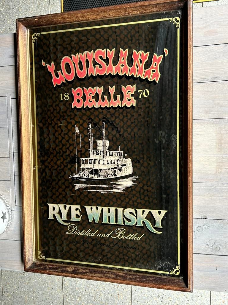 Vintage reclame spiegel tekst Louisiana Belle Rye Whisky, Antiek en Kunst, Antiek | Spiegels, Ophalen, Rechthoekig, Minder dan 50 cm