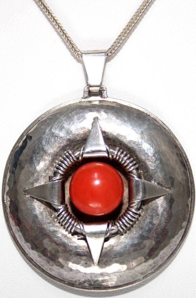 Prachtige Scandinavische Art Deco Zilver Bloedkoraal Hanger, Sieraden, Tassen en Uiterlijk, Antieke sieraden, Hanger, Zilver, Met edelsteen