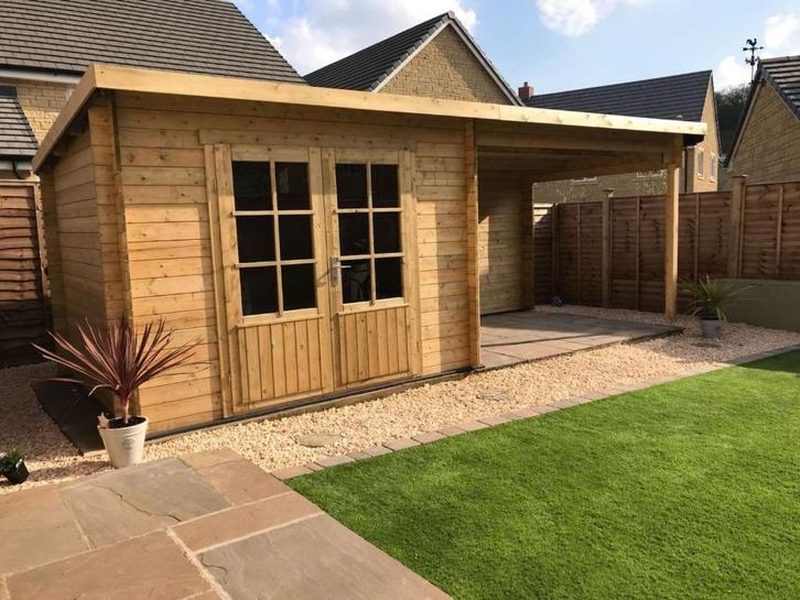 KOOPJE! Blokhut Freddy 300x250 + luifel 298cm NU VANAF 1.919, Tuin en Terras, Tuinhuizen, Nieuw, Blokhut, Hout, 250 tot 500 cm