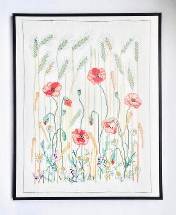 Grote vintage 70s lijst borduurwerk klaprozen bloemen bloem beschikbaar voor biedingen