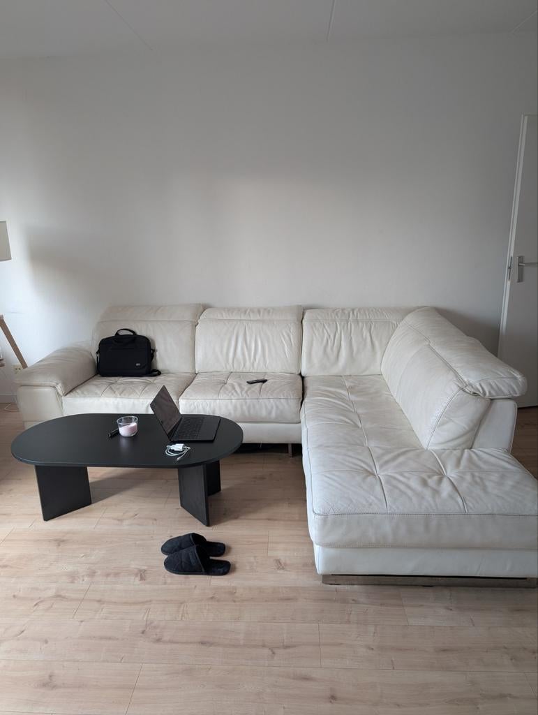 Leren hoekbank crème/wit met loungegedeelte, Huis en Inrichting, Banken | Bankstellen, Gebruikt, Hoekbank, Leer, Ophalen of Verzenden