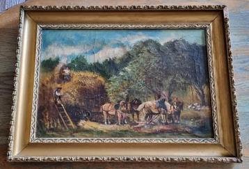Hooiende boeren, antieke olieverf schilderij. beschikbaar voor biedingen