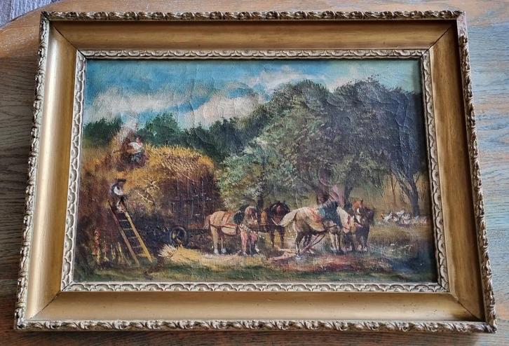Hooiende boeren, antieke olieverf schilderij., Antiek en Kunst, Kunst | Schilderijen | Klassiek, Verzenden