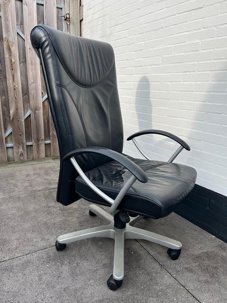 Verstelbare leren bureaustoel, Huis en Inrichting, Bureaustoelen, Gebruikt, Bureaustoel, Zwart, Ergonomisch, Ophalen