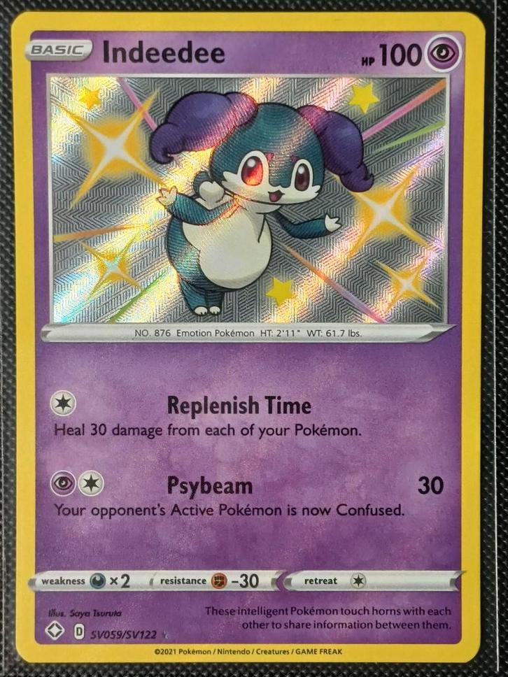 Indeedee Shiny SV059/SV122 - Shining Fates, Hobby en Vrije tijd, Verzamelkaartspellen | Pokémon, Zo goed als nieuw, Losse kaart