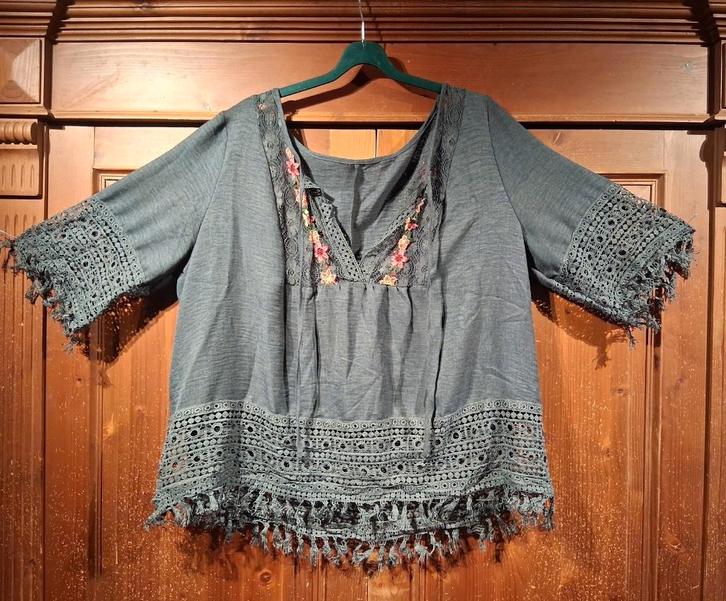 boho tuniek antraciet broderie en bloemen 48-50, Kleding | Dames, Grote Maten, Nieuw, Blouse of Tuniek, Grijs, Ophalen of Verzenden