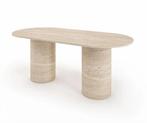 Solid Travertine Marmer eettafel – Cylindrical Base, Ophalen of Verzenden, 75 cm of meer, Rechthoekig, Nieuw