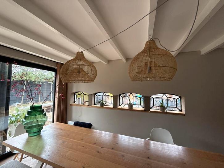 2x Ibiza Stijl Rotan Lampen - Ø55cm, H65cm, Huis en Inrichting, Lampen | Hanglampen, Gebruikt, 50 tot 75 cm, Hout, Ophalen