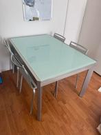 Glazen uitschuifbare eettafel met 4 stoelen + bijzettafel, Ophalen, Gebruikt, 50 tot 100 cm, Glas