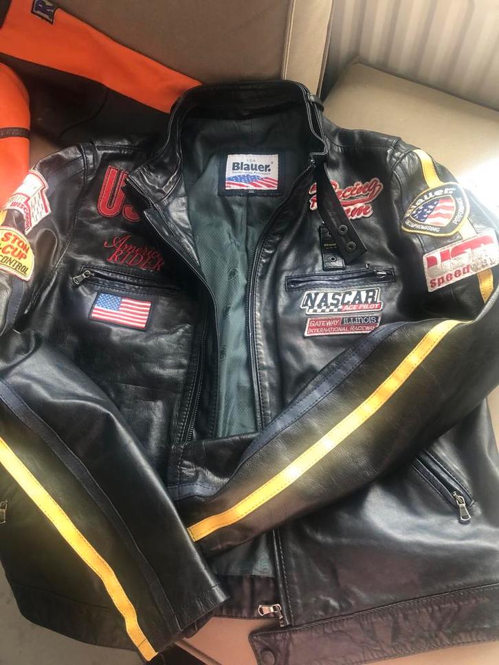 Blauer Leren motorjas  - Racing Team Stijl, Kleding | Heren, Jassen | Zomer, Zo goed als nieuw, Overige maten, Zwart, Ophalen of Verzenden