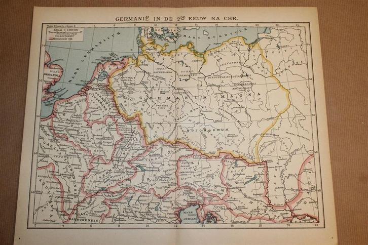 Antieke kaart - Germanië in de 2e eeuw na Chr. - Ca 1900, Boeken, Atlassen en Landkaarten, Zo goed als nieuw, Landkaart, Nederland