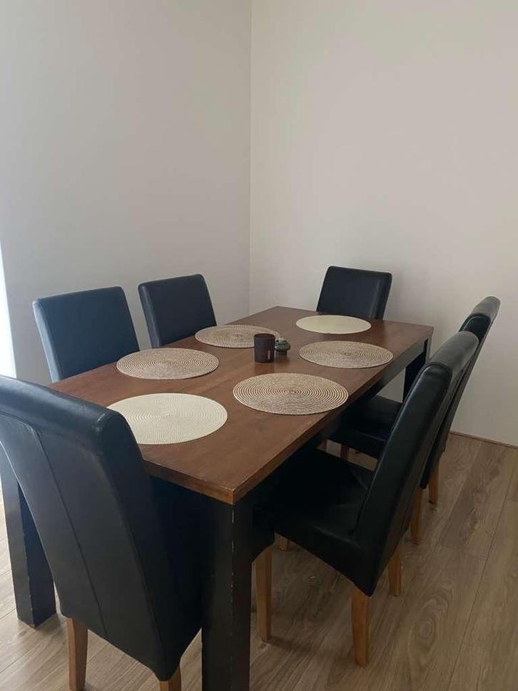 Houten Eettafel met 6 leren stoelen, Huis en Inrichting, Tafels | Eettafels, Gebruikt, 50 tot 100 cm, 150 tot 200 cm, Vijf personen of meer