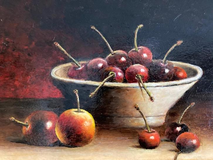 Henk Vrijaldenhoven, stilleven met schaaltje kersen, Antiek en Kunst, Kunst | Schilderijen | Klassiek, Ophalen