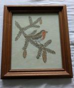 Vintage geborduurd schilderij met roodborstje op dennenboom, Huis en Inrichting, Minder dan 50 cm, Gebruikt, Ophalen of Verzenden