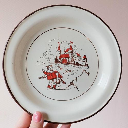 Emaille bord Gelaarsde Kat, Antiek en Kunst, Antiek | Servies los, Ophalen of Verzenden