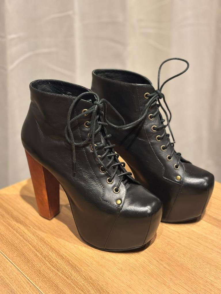 Jeffrey Campbell Lita enkellaarsjes met houten hak, maat 38, Zwart, Lage of Enkellaarzen, Ophalen of Verzenden, Zo goed als nieuw