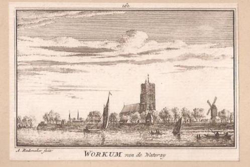 Woudrichem.Workum van de Waterzij.Kopergravure Abr.Rademaker, Antiek en Kunst, Kunst | Etsen en Gravures, Ophalen of Verzenden