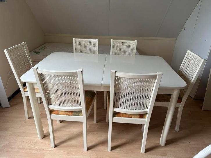 6 eetstoelen + eettafel L150-192 uitschuifbaar H72 wit hout, Huis en Inrichting, Tafels | Eettafels, Gebruikt, 50 tot 100 cm, 150 tot 200 cm