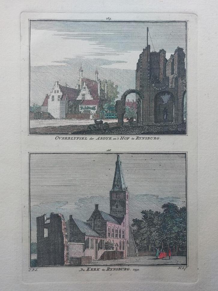 285-286 / abdye , hof en kerk van Rijnburg - Rynsburg, Antiek en Kunst, Kunst | Etsen en Gravures, Ophalen of Verzenden