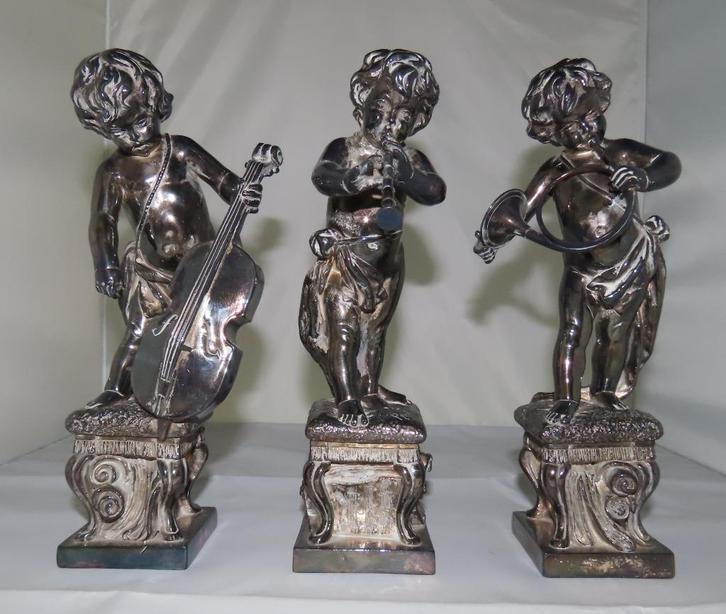 Antieke engel beelden muziekinstrument (3x), zilver op gips, Antiek en Kunst, Kunst | Beelden en Houtsnijwerken, Verzenden