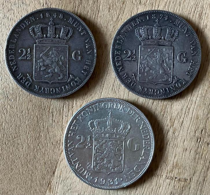 3 verschillende koning(innen) rijksdaalders (1848 - 1931), Postzegels en Munten, Munten | Nederland, Setje, 2½ gulden, Koning Willem II
