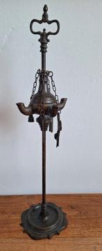 Vintage koperen olielamp met 4 pitten, snotlamp, Antiek en Kunst, Antiek | Lampen, Ophalen of Verzenden